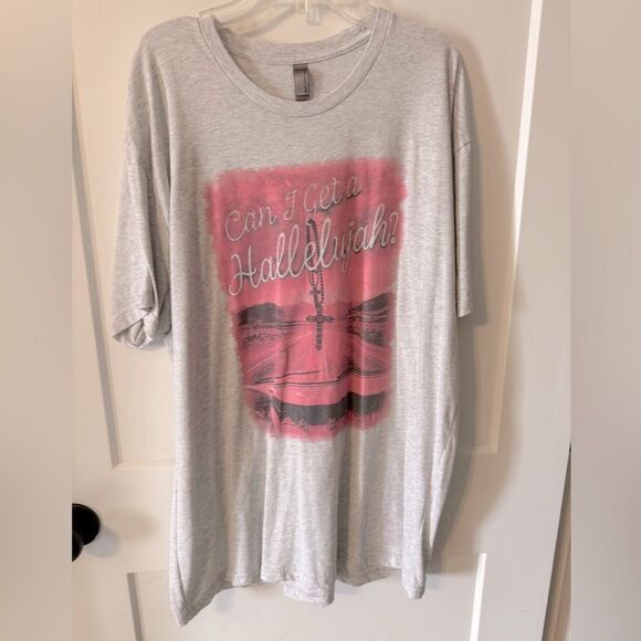 Gray T-Shirt with Pink Graphic {Can I get a Hallelujah ]. - Picture 1 of 4